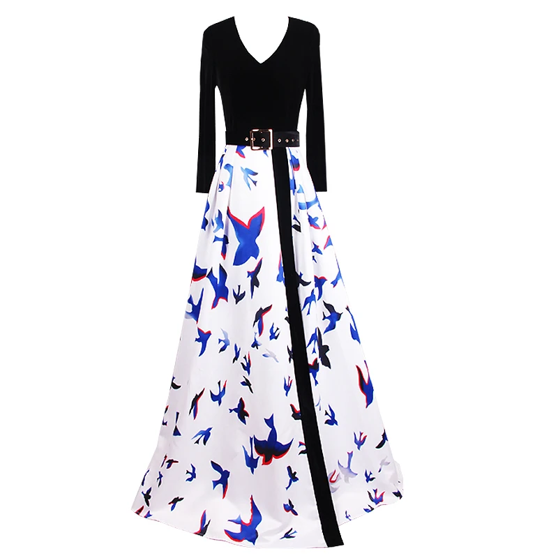 

High quality 2018 autumn ladies new print fashion personality sexy split V-neck long sleeves long temperament dress