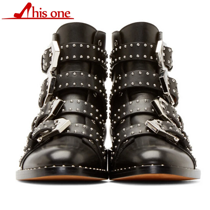 

Fashion Luxury Brand Woman Buckle Strap Rivet Studs Leather/Short Plush Ankle Boots Women Spiked Chunky Heels Motorcycle Boots