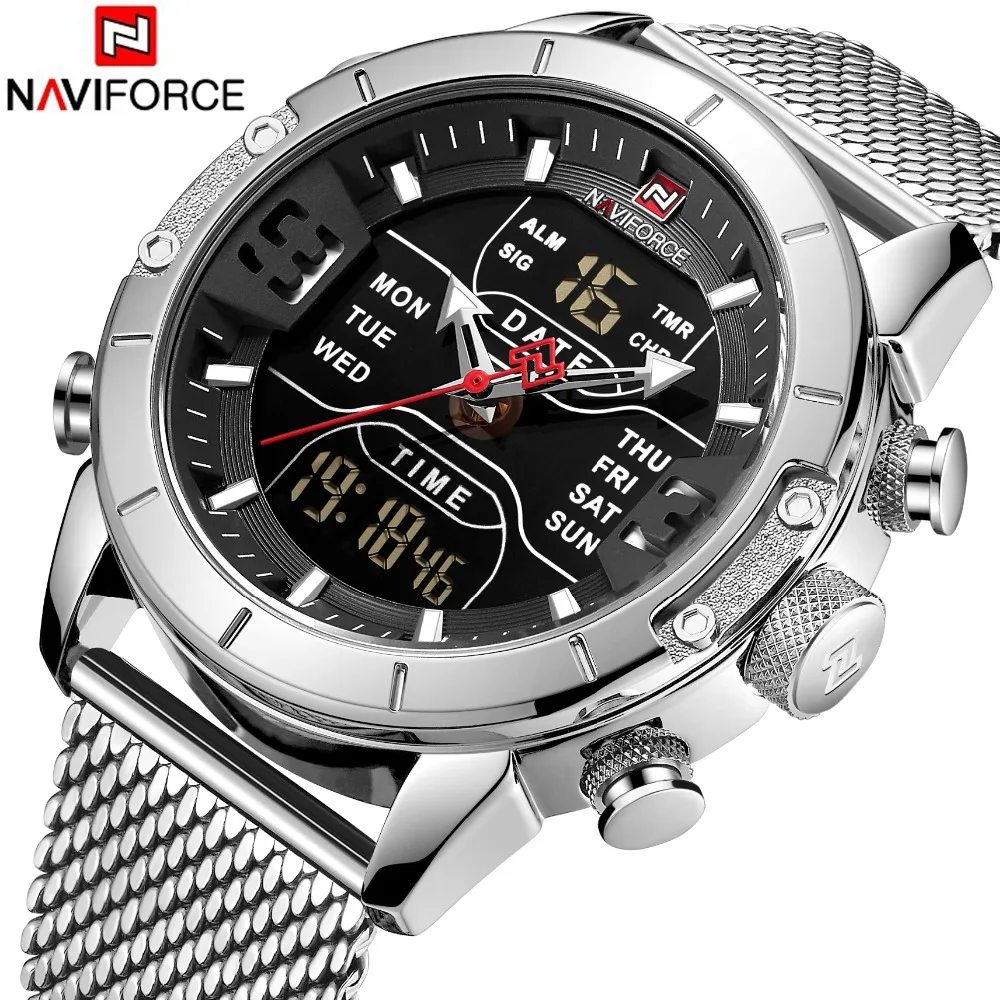 NAVIFORCE мужские часы Топ бренд класса люкс сетка сталь несколько часовых поясов