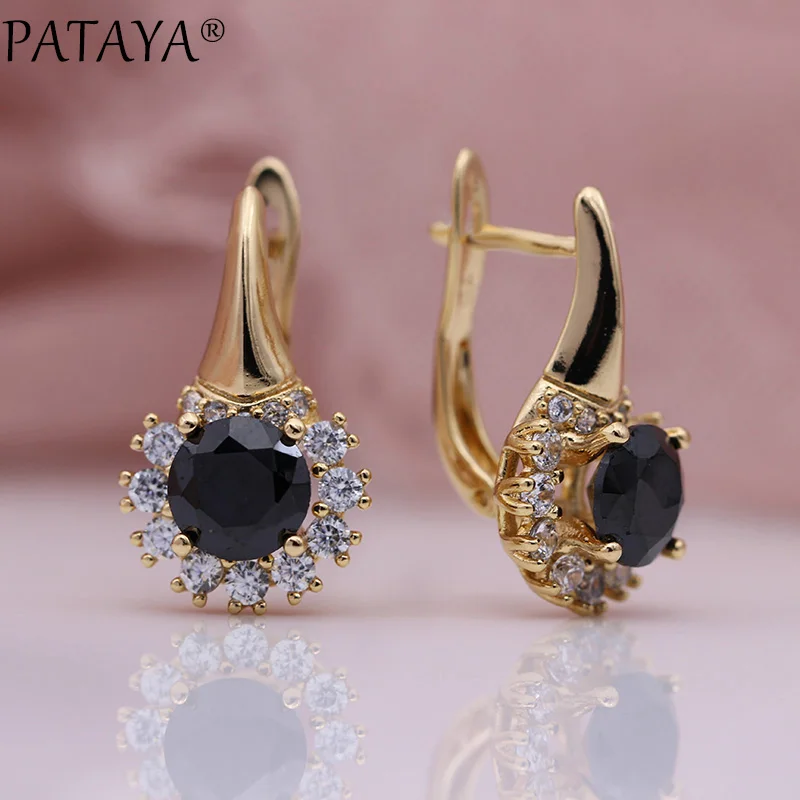 Black PATAYA, новые круглые темно-синие свадебные висячие серьги, женские милые вечерние серьги с цветами, модные ювелирные изделия, 585 розовое золото, серьги с натуральным цирконием - Окраска металла: Black