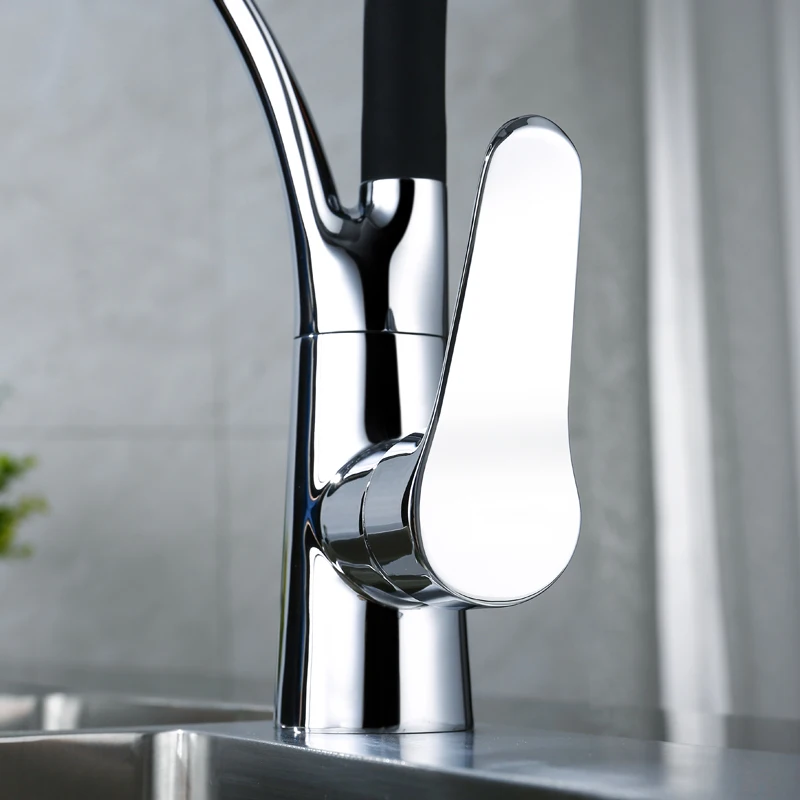 OLMEY Горячая распродажа в Польше Кухонный смеситель с длинным носиком и черным гибким силиконовым шлангом, однорычажный кран для раковины слива воды.