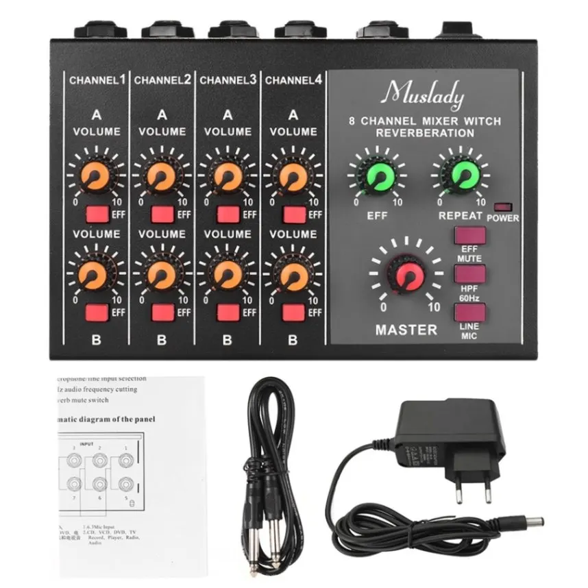 Muslady M-228A компактный Размеры 8-канальный подойдет как для повседневной носки, так/стерео аудио DJ микшер с реверберация(Функция 60Гц Частотный резки - Цвет: EU PLUG