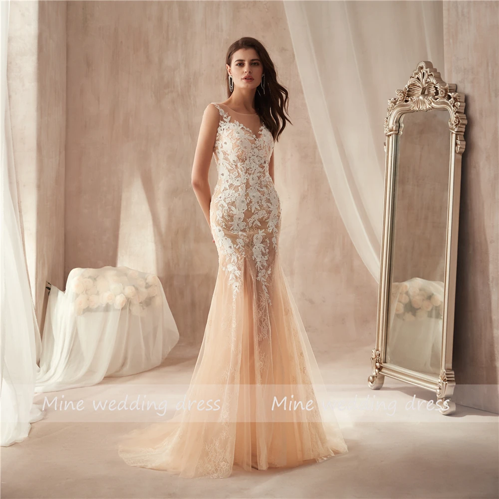 Великолепный Тюль & Lace Bateau Neck прозрачные облегающее платье Кружевные Аппликации