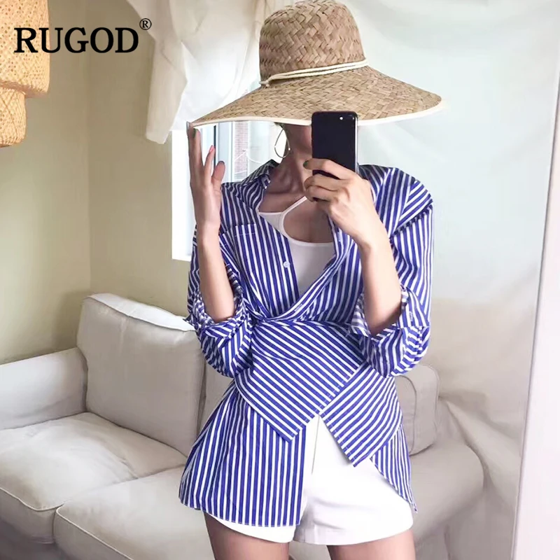 Новинка 2019 летняя длинная Повседневная стильная блуза RUGOD в полоску с отложным