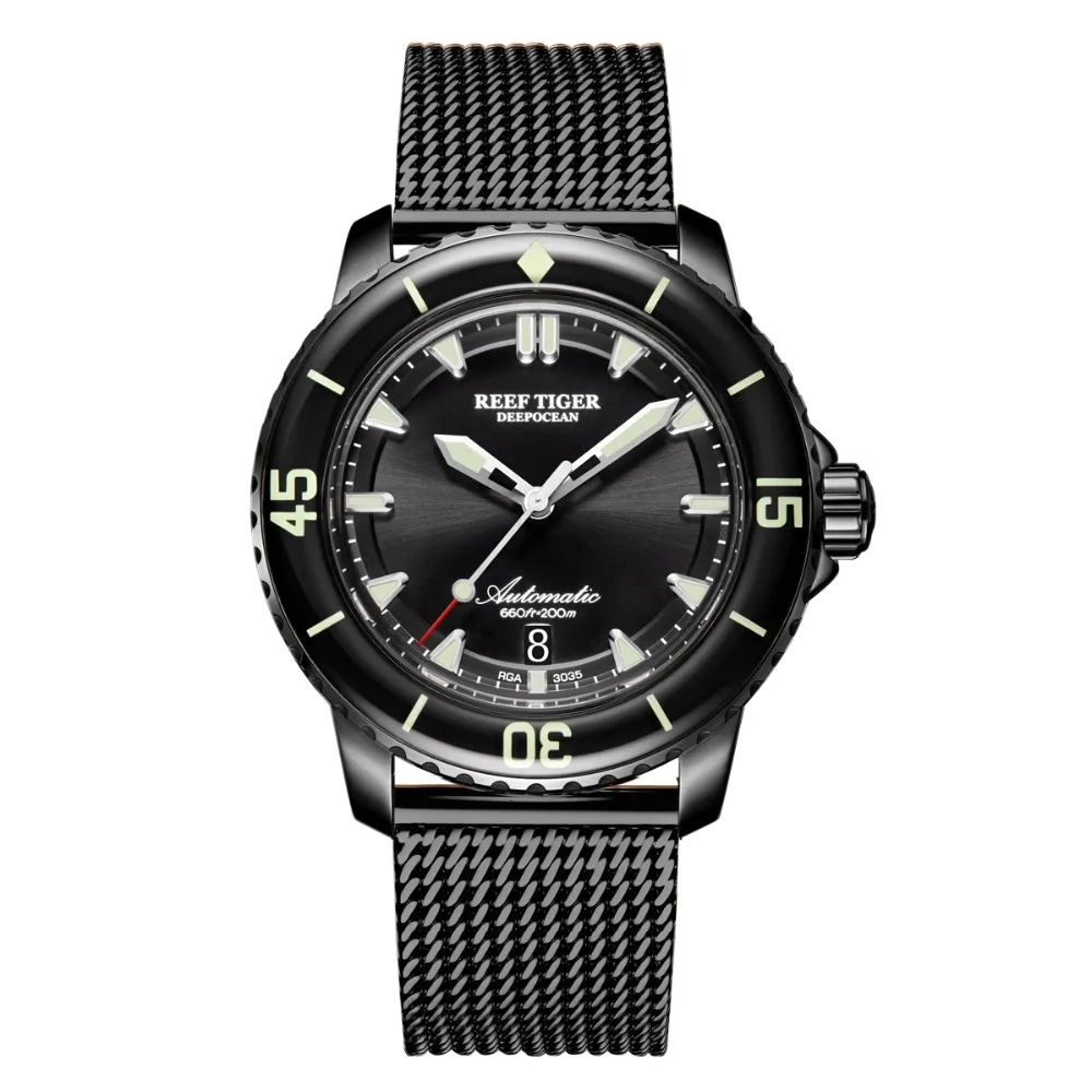 Reef Tiger Aurora Serier RGA3035 мужские 200 м водостойкие с супер светящимися автоматический механический календарь наручные часы-сталь
