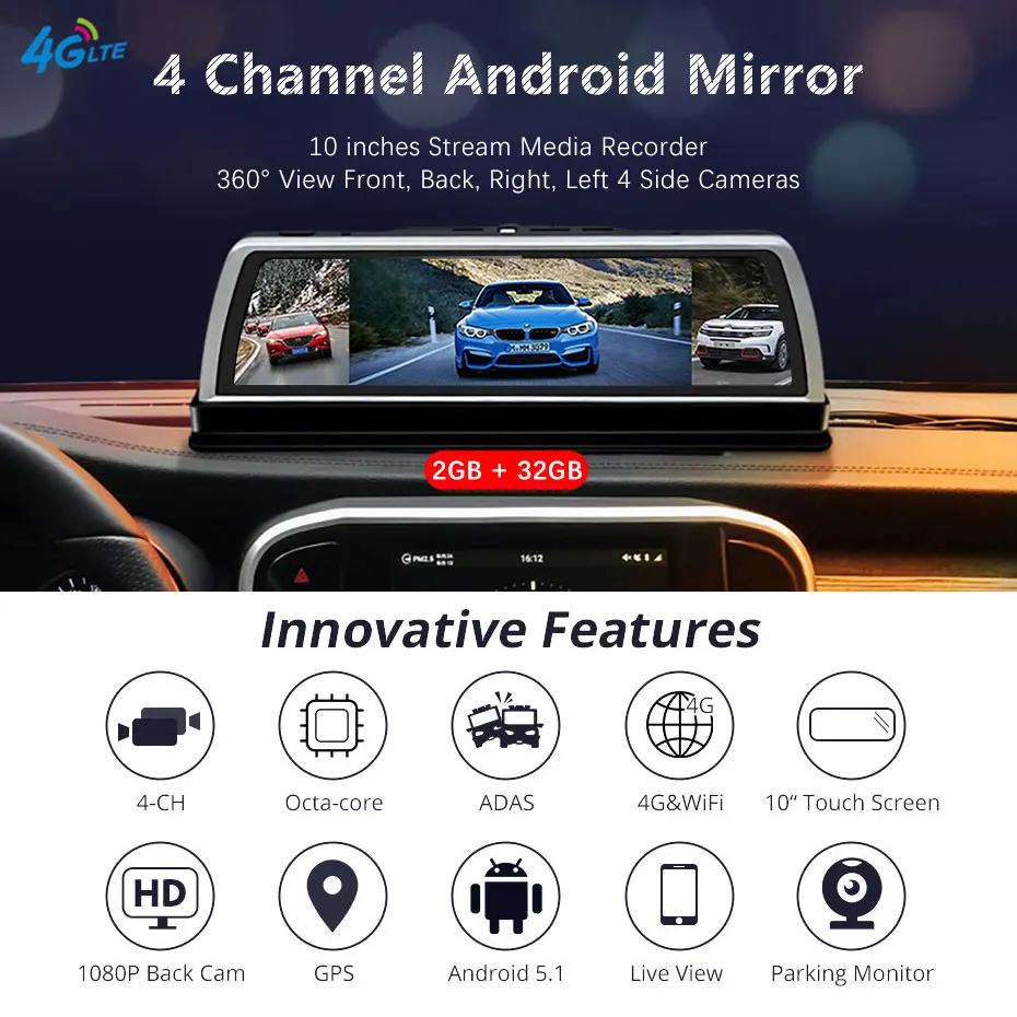Olysine 360 панорамный 4 канальный Автомобильный видеорегистратор с сенсорным