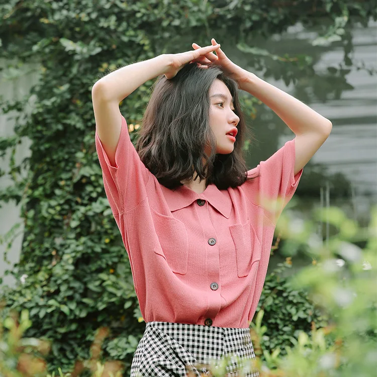 3 цвета 2019 корейский шик стиль Винтаж Свободные с короткими рукавами вязаные