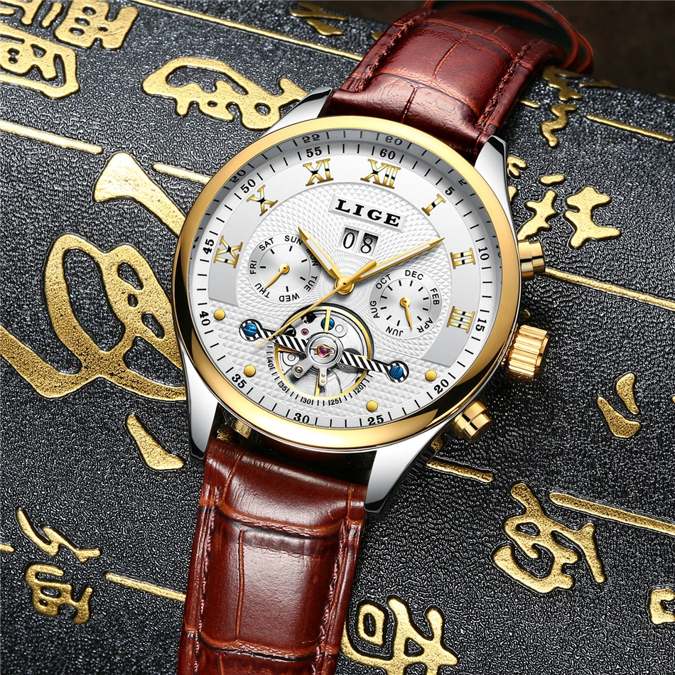 LIGE Fashion Sports Watch Men Business Leather Clock Mens Watches Top Brand Luxury Automatic Mechanical Watch Relogio Masculino
