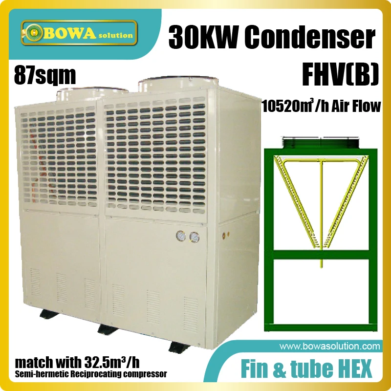 

30KW box type condenser with V-shape coil matches with 32.5m3/h displacement(6HP or 9HP) semi-hermetic reciprocating compressors