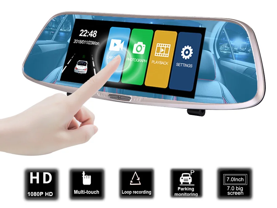 E-ACE Автомобильная dvr камера FHD 1080P 7,0 дюймов сенсорный зеркальный видеорегистратор двойной объектив с камерой заднего вида авто регистратор видеорегистратор