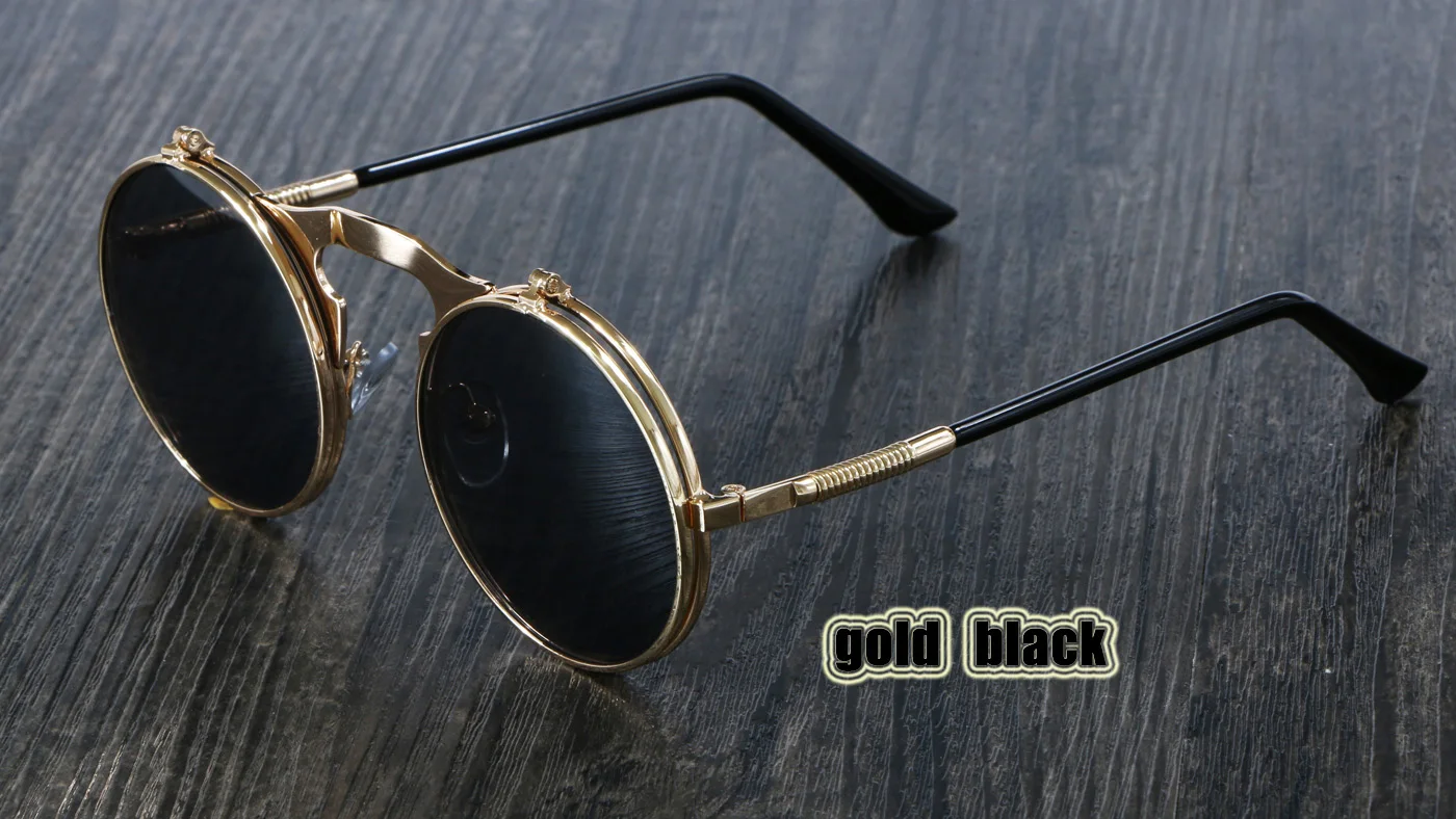 Стимпанк Солнцезащитные очки круглые металлические OCULOS De Sol женский стиль Ретро Флип Круглые двойные металлические солнцезащитные очки мужские круглые солнцезащитные очки - Цвет линз: gold black