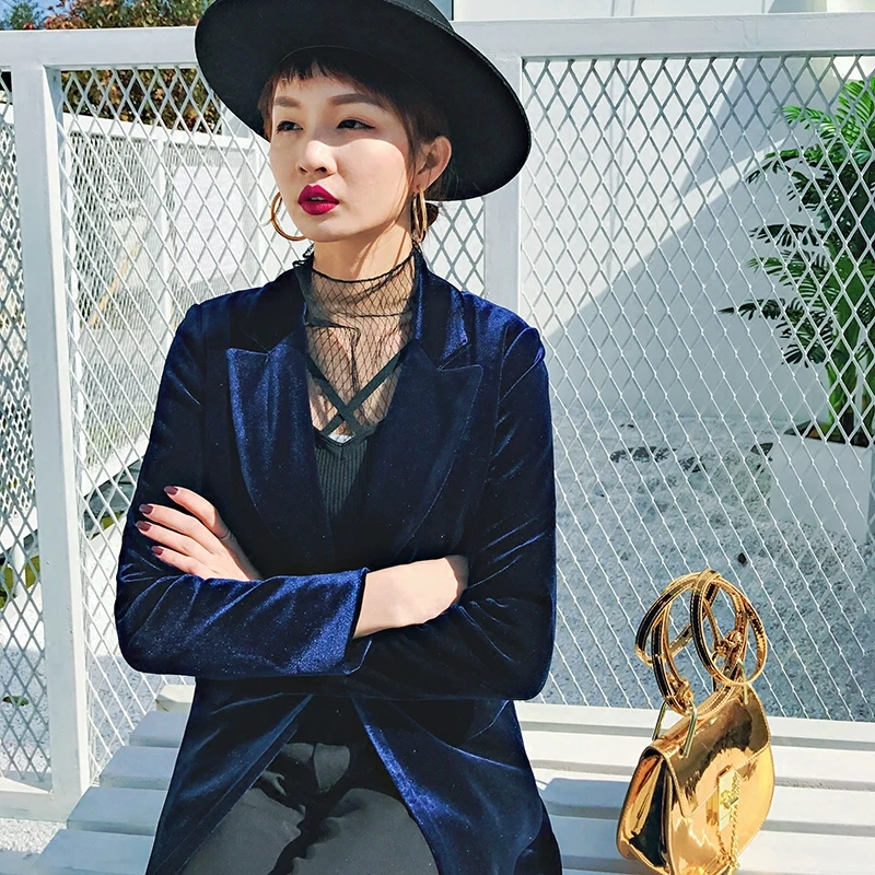 

Women's high quality gold velvet suit spring and autumn new thin Slim long section solid color fashion small suit jacket JQ195