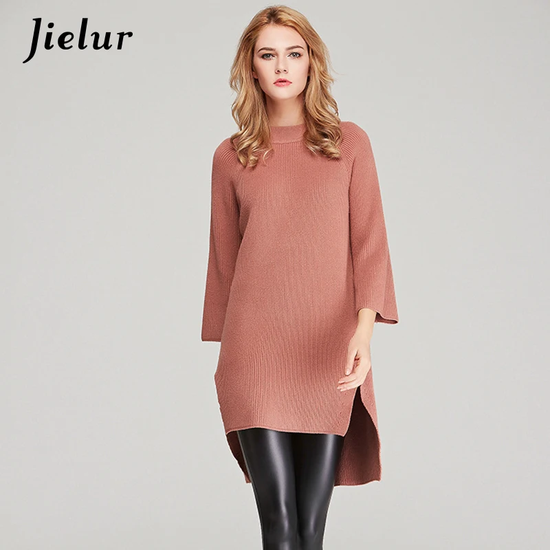 Jielur New Winter Long Sweater Loose Europe Solid Color Irregular Pullovers Three Quarter Sleeve Top Female Warm Woman Sweaters | Женская
