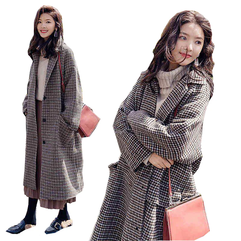 2018 Осень Зима Женское шерстяное пальто в клетку женское Свободное длинное