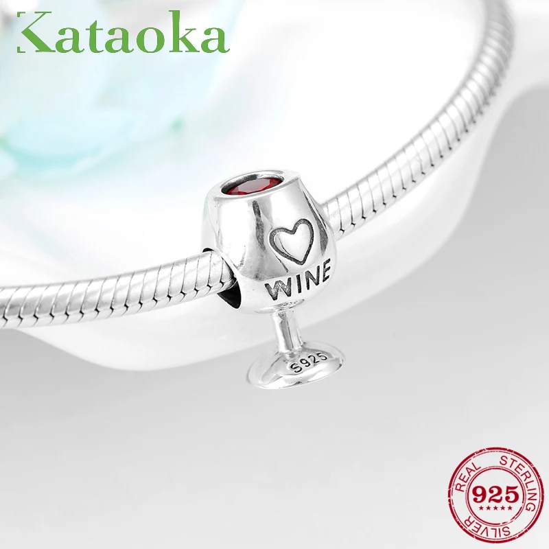 Модная 925 пробы Серебряная красная чашка, бокал для вина красный CZ Изящные бусины подходят к оригинальному Pandora браслет для изготовления ювелирных изделий