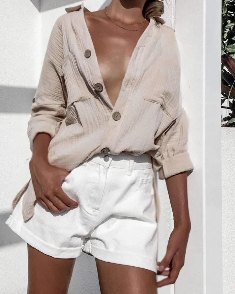 Женская Свободная блузка из хлопка и льна повседневная однотонная с v образным