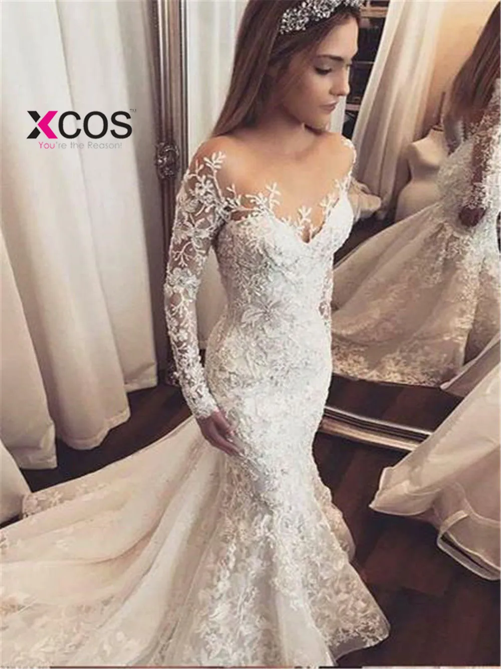 XCOS Mermaid Long Sleeve Lace Beaded Sequins Sexy Wedding Dresses Vintage Luxury Formal Gown Robe De Mariee Custom Size | Свадьбы и
