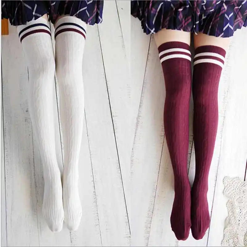 2018 молодая девушка школьный стиль тремя полосками вязаный носок тонкий Красота