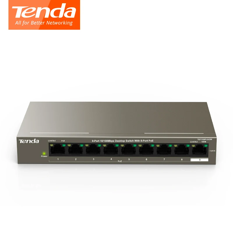 Tenda TEF1109P 8 63W Fast Ethernet полнодуплексный коммутатор 10/100 Мбит/с мощность 1 Гбит/с 58 Вт 250