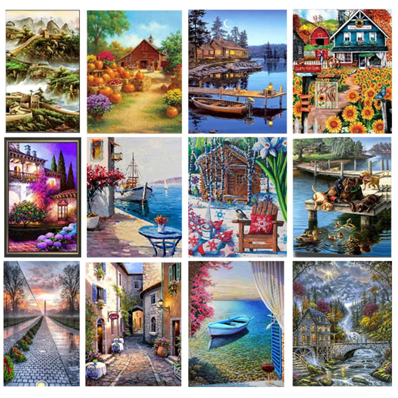 YUMEART DIY алмазная живопись коттедж озеро и лодка полный квадратный пейзаж Стразы
