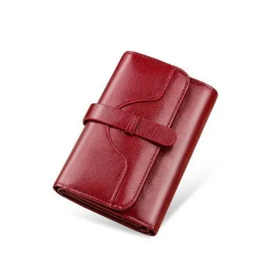 NewTri Fold Genuine Leather Women Wallet Short Luxury Brand Zipper Wallet Ladies Small Coin Purse Card Holder Oil Wallet - Цвет: Red wine