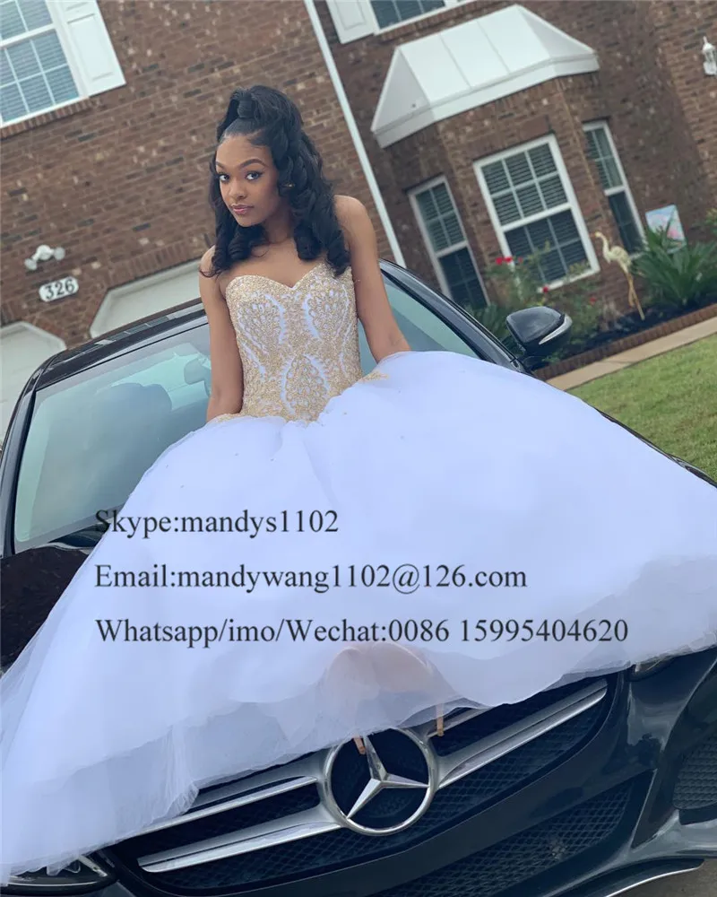 Пышные тюлевые белые платья для Quinceanera 2019 роскошное Золотое кружевное Бальное