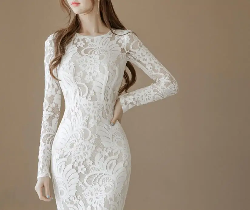 Элегантное женское белое кружевное платье с цветочным принтом осеннее длинными
