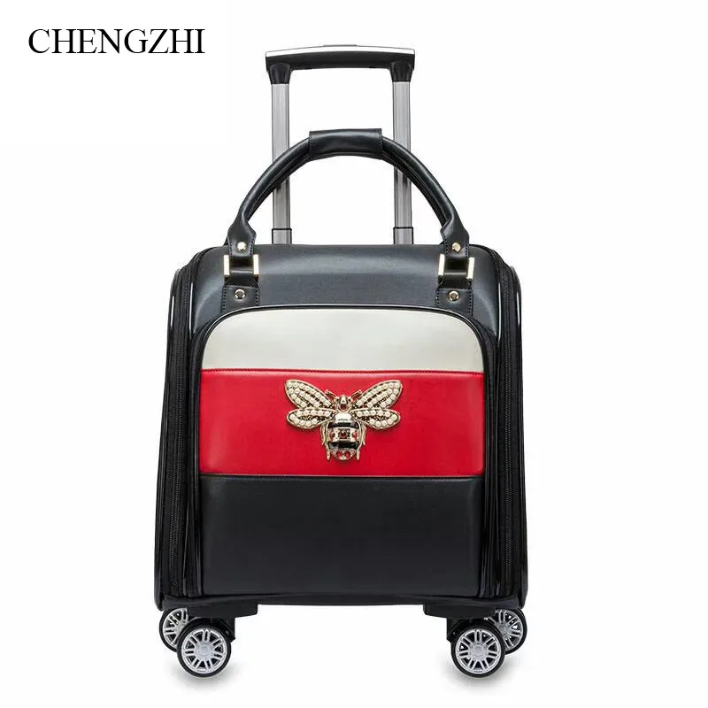 

CHENGZHI 16-дюймовый женский роскошный чемодан на колесиках в стиле ретро из искусственной кожи, дорожные сумки, милый маленький чемодан с пчела...