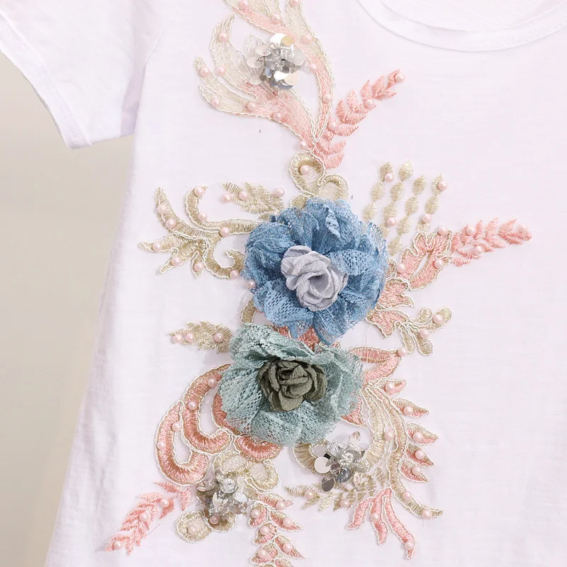 

European 2019 New Sweet Women Two Piece Set Elegant 3D Floral Flower O Neck White Shirts And Denim Pants Female Two Piece Suits