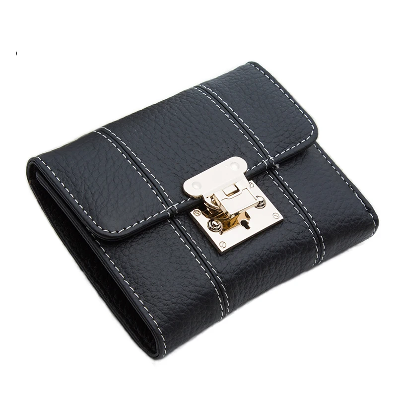 Женский короткий складной кошелек с замком из 100% натуральной коровьей кожи