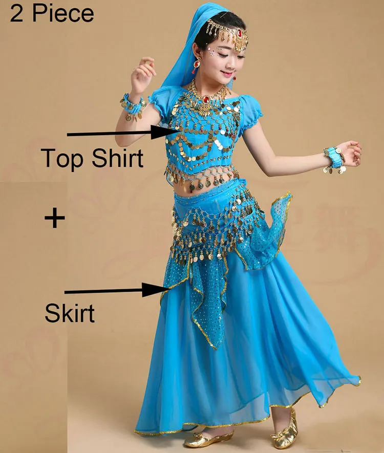 Lake Blue 2 Piece Детский костюм для танца живота, детское платье для индийского танца, Детские Танцевальные Костюмы Болливуда для девочек, одежда для выступлений, 6 цветов - Цвет: Lake Blue 2 Piece