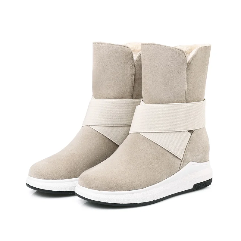 beige EGONERY/Женская обувь г. Новые повседневные теплые зимние ботинки ботильоны из флока на средней танкетке, с круглым носком, без застежки, большие размеры - Цвет: beige