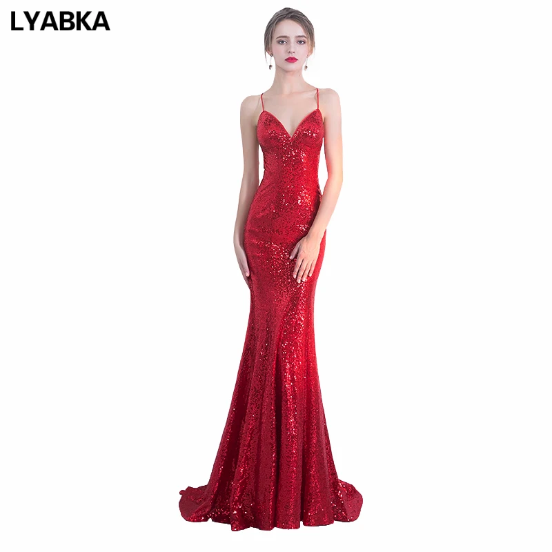 Вечернее платье с блестками красное вечернее Русалочки открытой спиной 2019|robe de