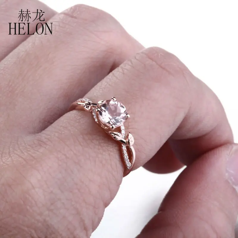 HELON 0.8ct морганит 6 мм Круглый Проложить 0.09ct натуральные бриллианты Перидот Gemtones обручальное женское кольцо Настоящее 10 к розовое золото