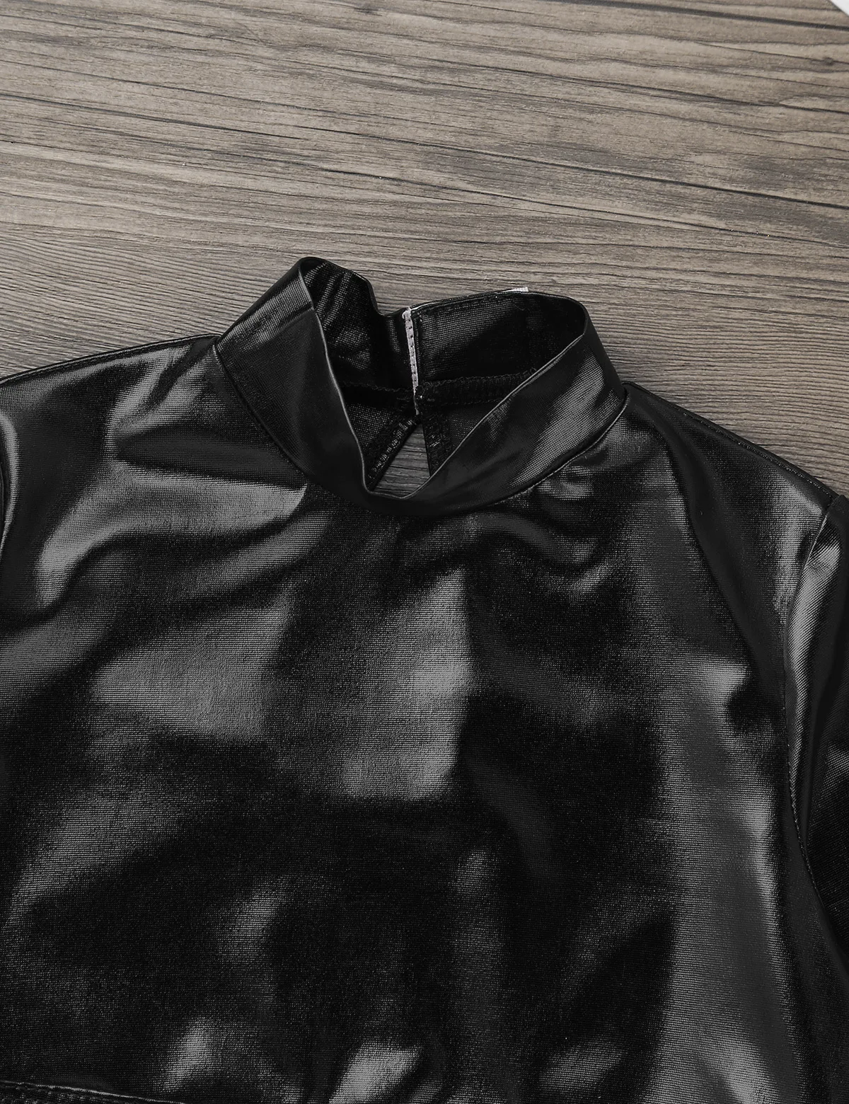 Детский глянцевый металлический топ с ложным воротником для девочек укороченный