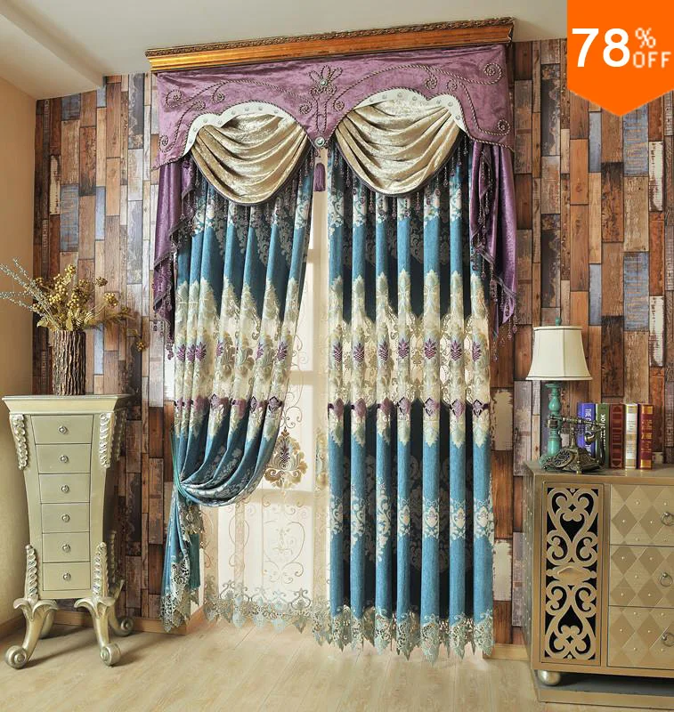 Синяя Бирюзовая плотная светонепроницаемая штора с вышивкой Классические