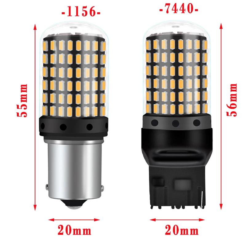 2 шт. светодиодный стоп сигнал 1156 P21W 7440 T20 W21W Янтарный 3014 чипы 144 SMD без гипервспышки