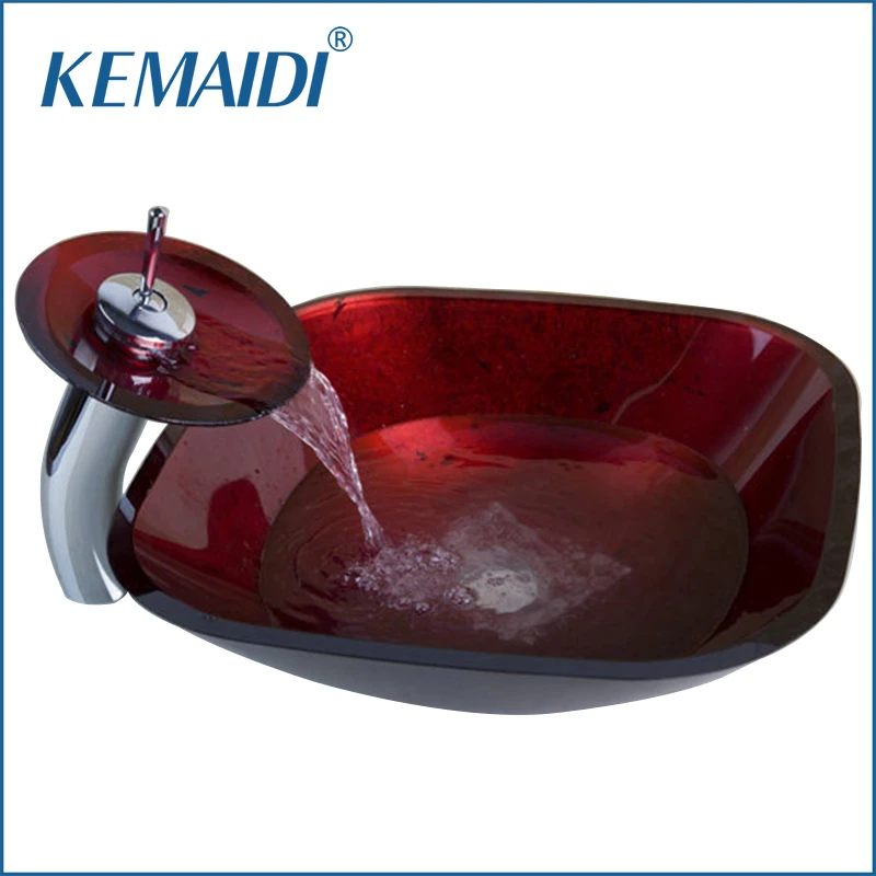 

KEMAIDI Best Price Square Burgundy Color Waterfall Bathroom Sink Vessel Faucet With Drain Glass Basin Sink Set