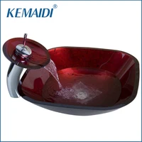 KEMAIDI Best Price Square Burgundy Color Waterfall Bathroom Sink Vessel Faucet With Drain Glass Basin Sink Set