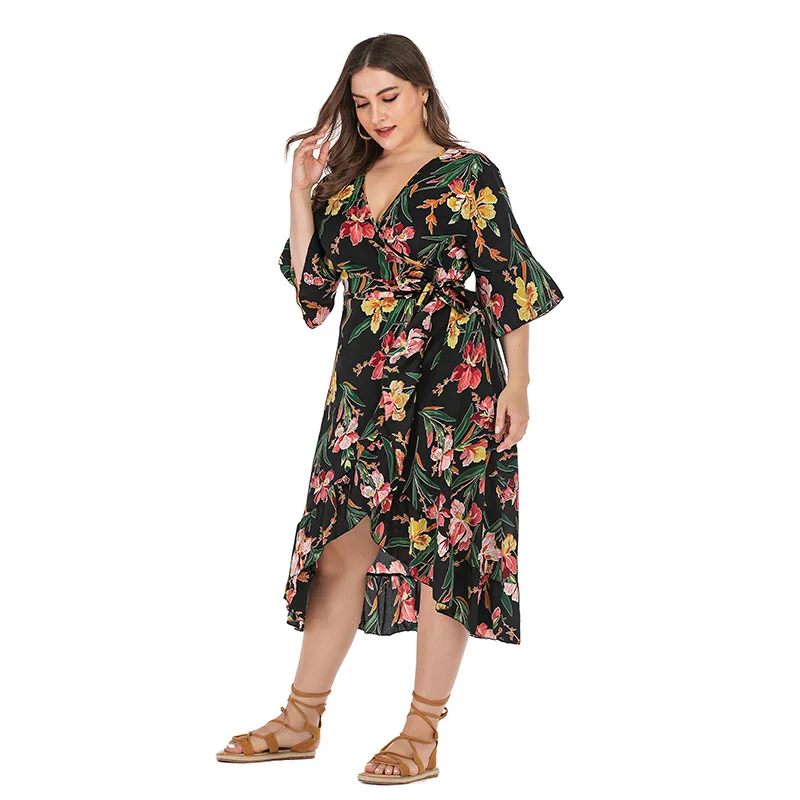

3xl 4xl 2019 floral long dress big size lace up print boho beach dress plus size ruffles summer dress large size women dresses