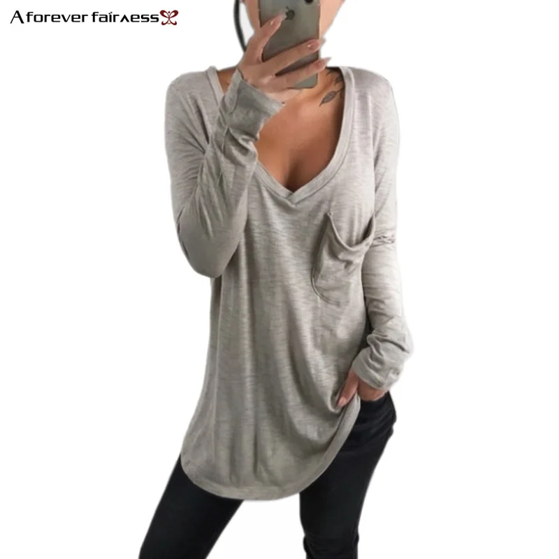 A Forever 2019 Spring Hot Sale Casual Tops Women T-Shirt Deep V-Neck Tees Long Sleeve With Pocket Loose Bottoming M-1074 | Женская