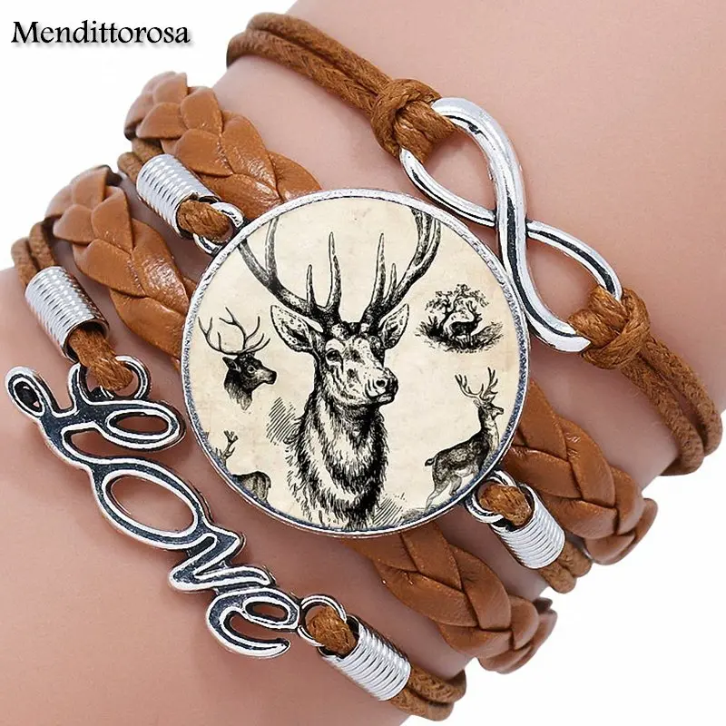 Стеклянный кабошон Многослойный черный/коричневый кожаный браслет ручной