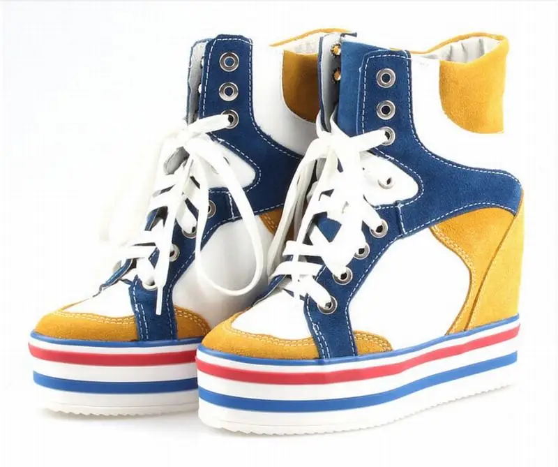 12880-K5 white blue Лидер продаж; модные женские туфли с заклепками на высоком каблуке; повседневная обувь из коровьей замши, визуально увеличивающая рост; обувь со стразами; ботинки на танкетке - Цвет: 12880-K5 white blue