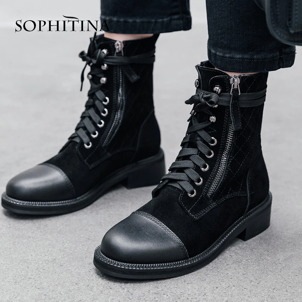 Harga SOPHITINA Fashion Wanita Sepatu Bot Sepatu Bot Tinggi Kualitas Kulit Sapi Desain Khusus Sepeda Motor Sepatu Boots Round Toe Hak Square Sepatu MO243