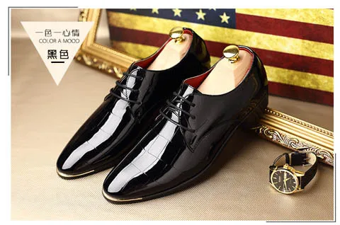 2018 new fashion high quality Casual men shoes leather shiny patent lace up dress point | Обувь