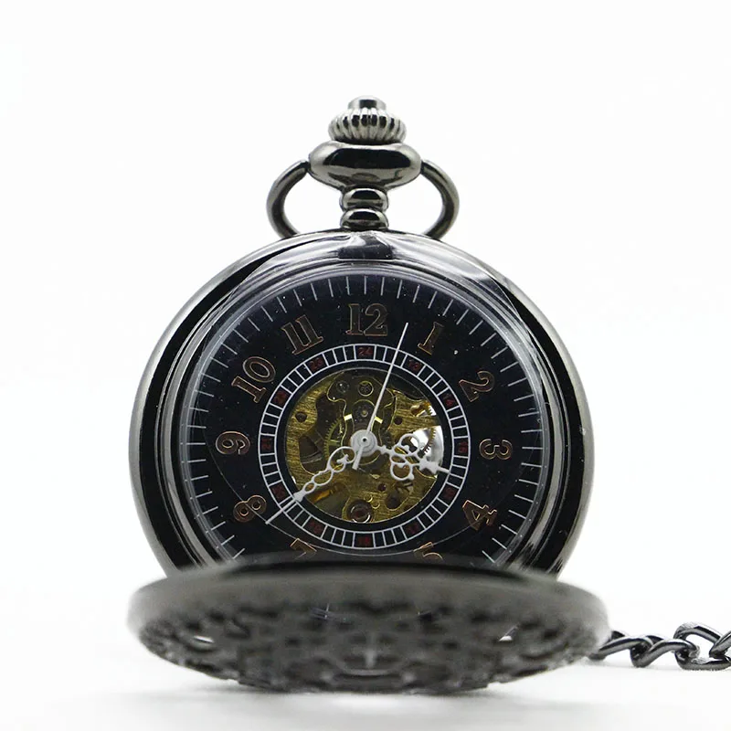 Antique Black Spider Hollow Pattern Mechanical Pocket Watch Retro Steampunk Manual Clockwork Gentleman Fob Chain Watch Gift