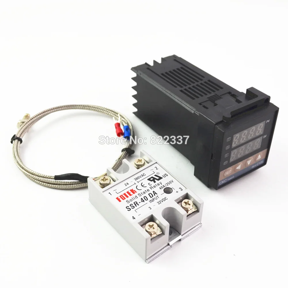Цифровой контроллер температуры 100-240VAC PID REX-C100+ max.40A SSR+ K термопара, PID контроллер комплект+ радиатор