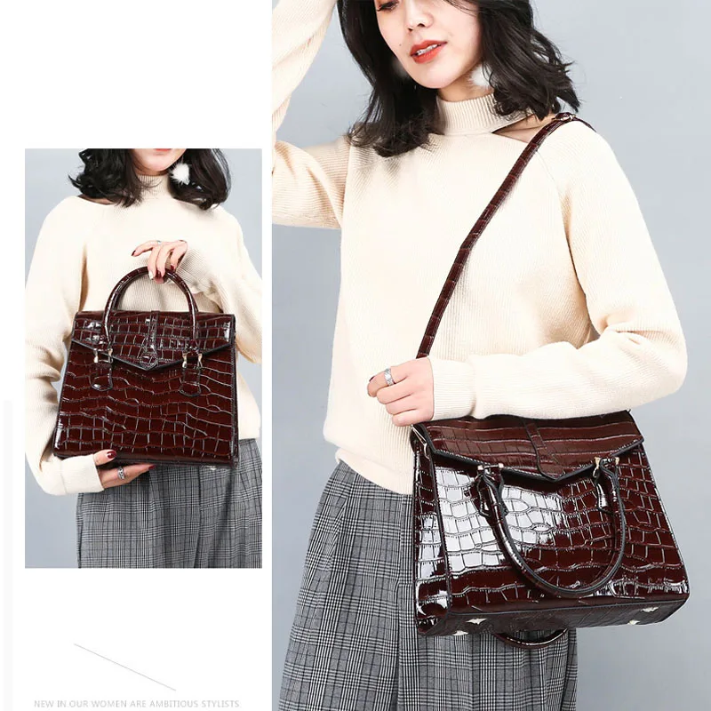 

Vintage Women's Handbag Patent Leather Crocodile Pattern Female Tote Famous Fashion Brand Big Satchel Red Purple Top-Handle Bag