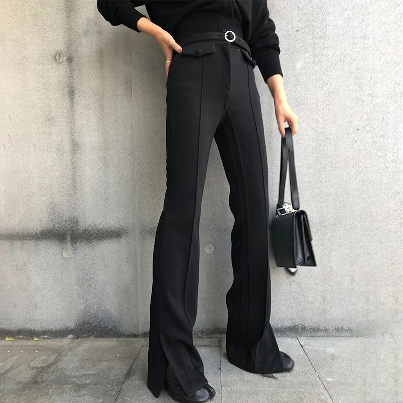 black TWOTWINSTYLE, корейские шерстяные брюки для женщин, с высокой талией, с карманами, с Боковым Разрезом, расклешенные брюки, женские повседневные Модные, Осенние - Цвет: black