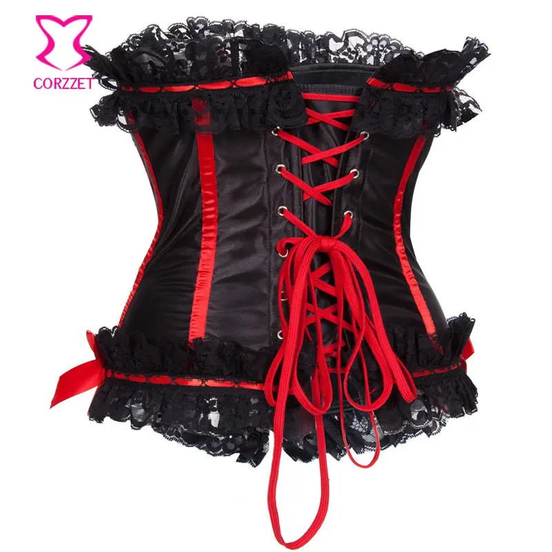 Корсет в викторианском стиле черный сатин и красные косточки пуш ап бюстье